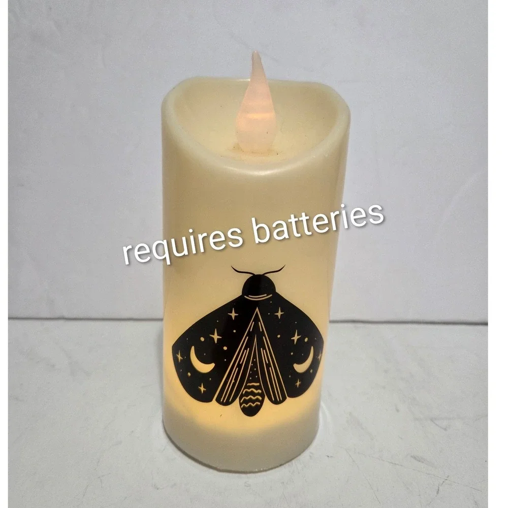 Celestial Moth LED Flameless Pillar Candle Black Moon Stars Gothic Halloween